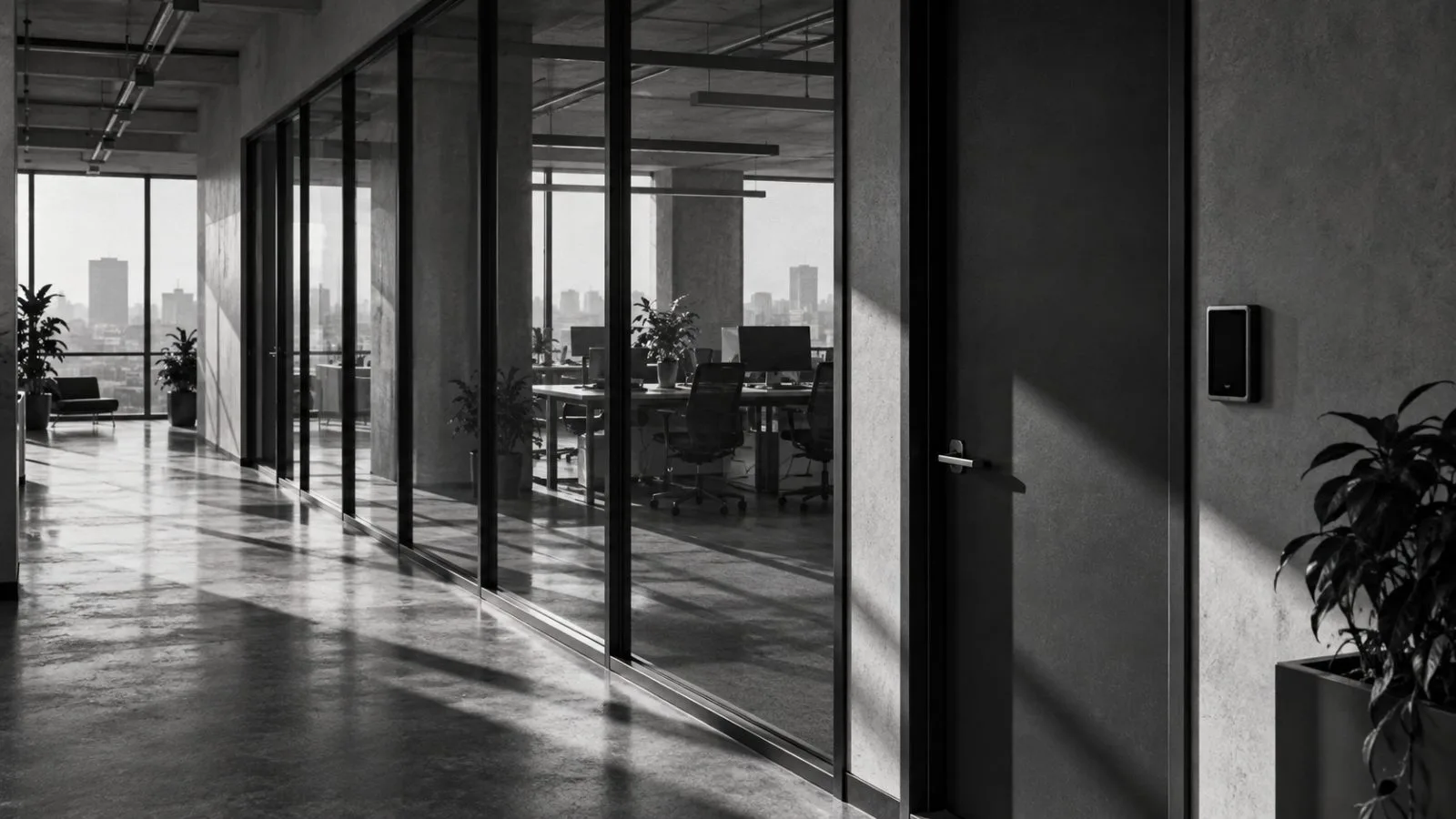 A dark access terminal beside a closed office entrance / TokenPost.ai