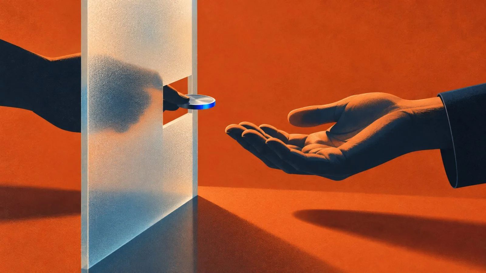 An unmarked token passes through a narrow glass opening. / TokenPost.ai