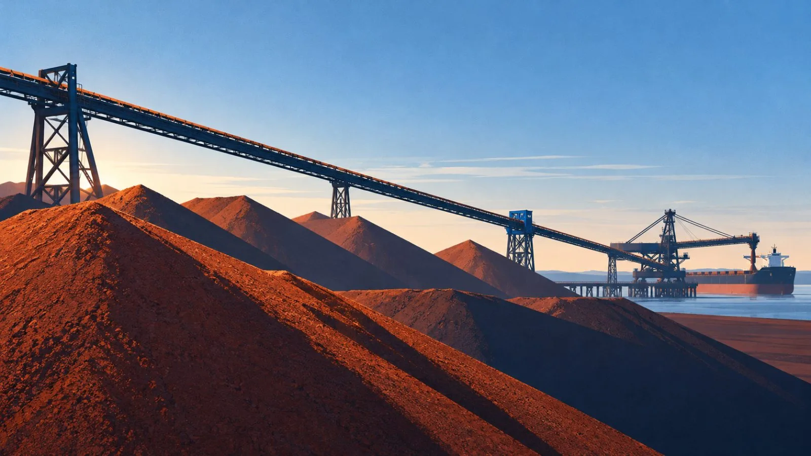 Iron ore stockpiles line a conveyor beside a quiet port / TokenPost.ai