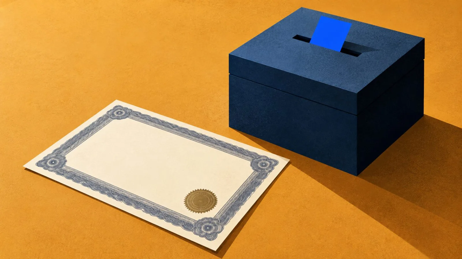 A blank share certificate rests beside a closed ballot box / TokenPost.ai