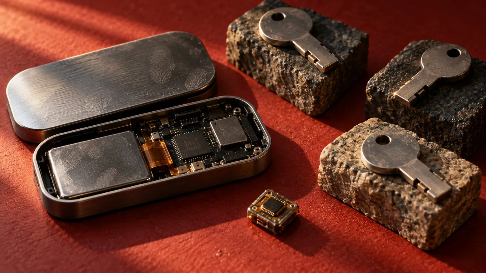 An opened hardware wallet rests beside three separated steel keys / TokenPost.ai