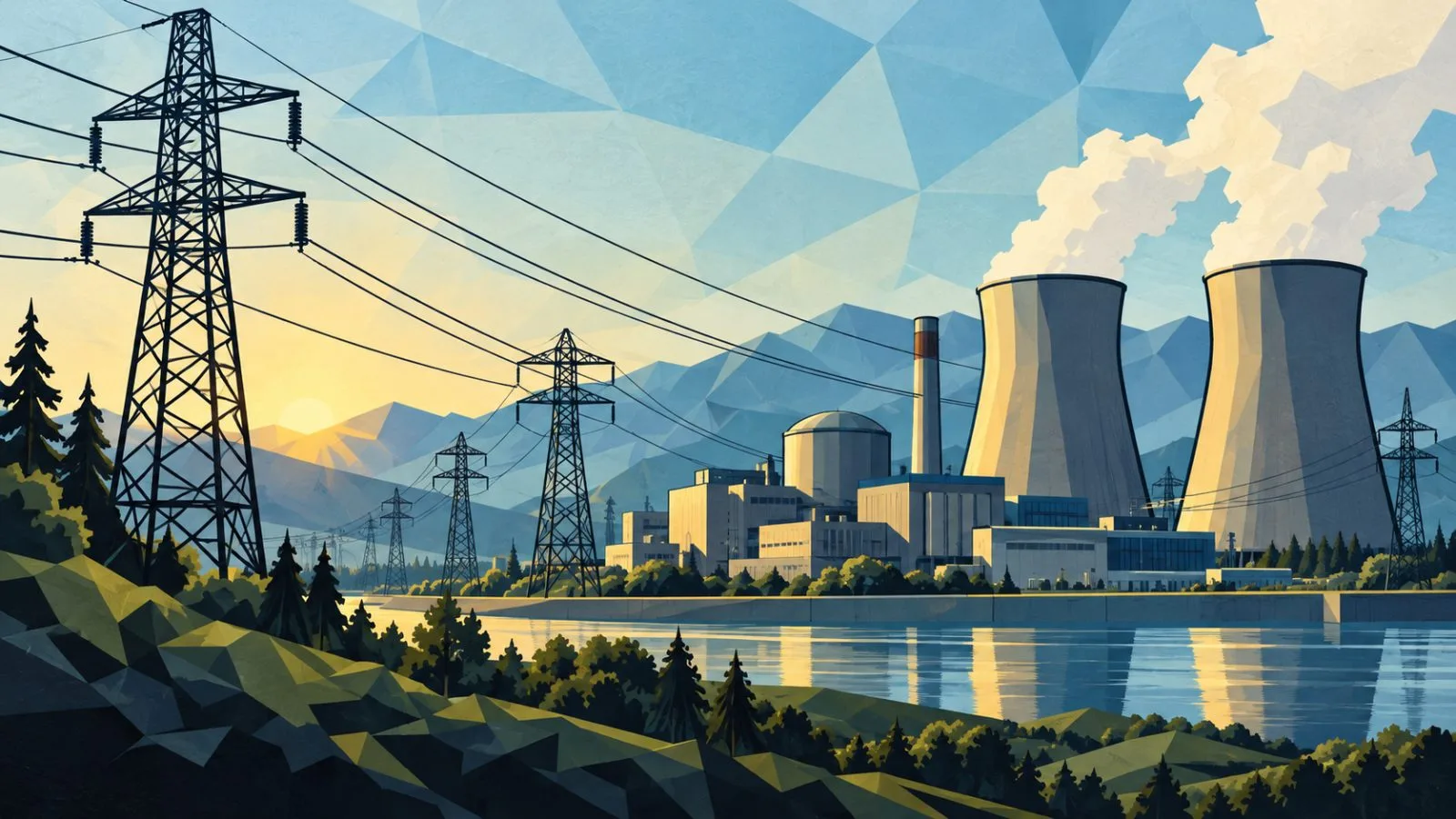 Transmission lines lead toward a power plant in soft morning light / TokenPost.ai