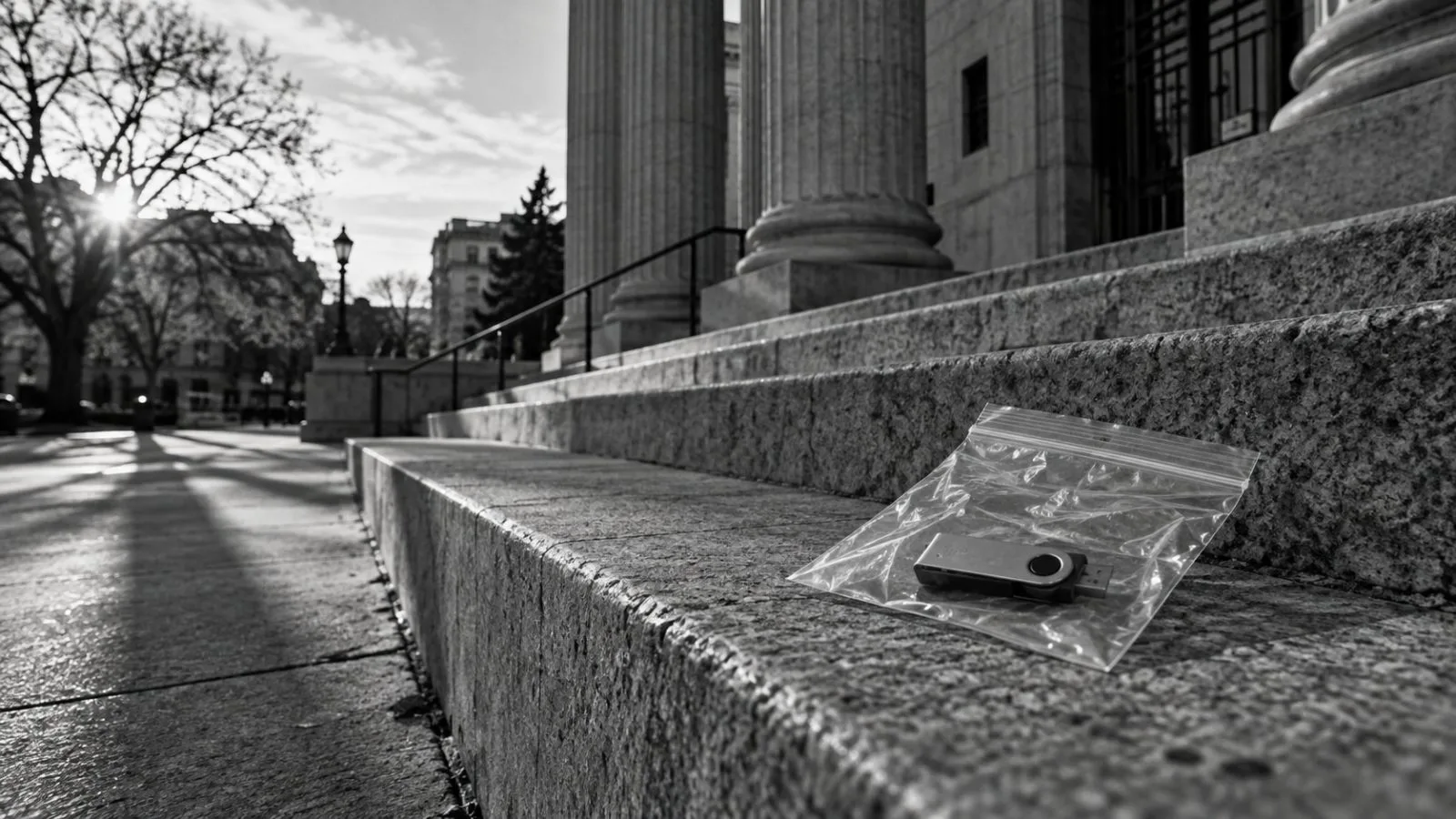 A sealed evidence pouch rests on courthouse steps in late afternoon light / TokenPost.ai
