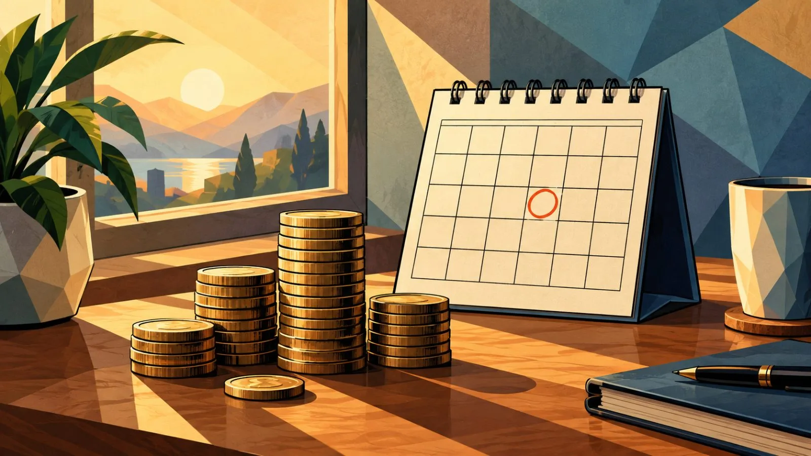 Stacked coins beside a marked calendar in warm morning light / TokenPost.ai