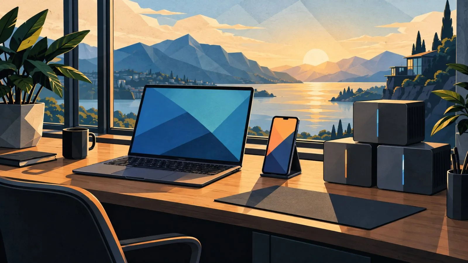 Laptop, smartphone, and modular computing blocks in soft morning light / TokenPost.ai