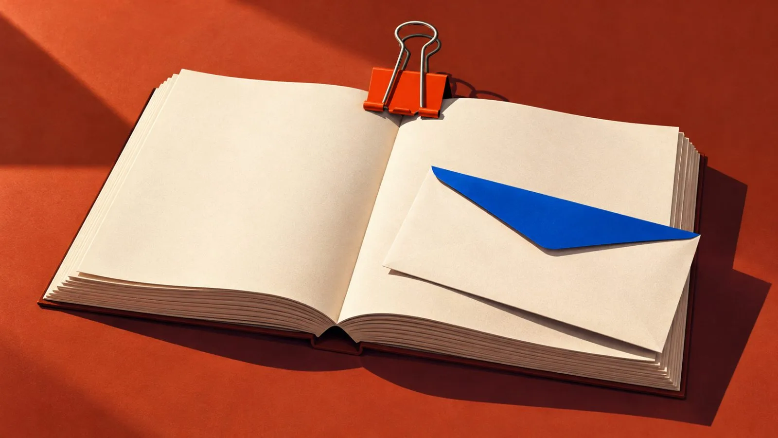 A red binder clip holds an open ledger beside a small envelope / TokenPost.ai