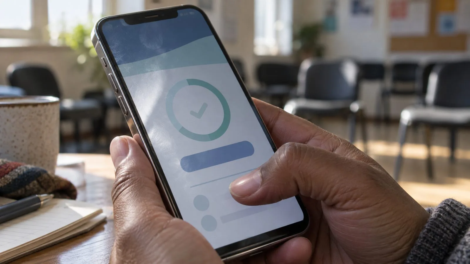 A hand holds a smartphone beside empty community training chairs / TokenPost.ai