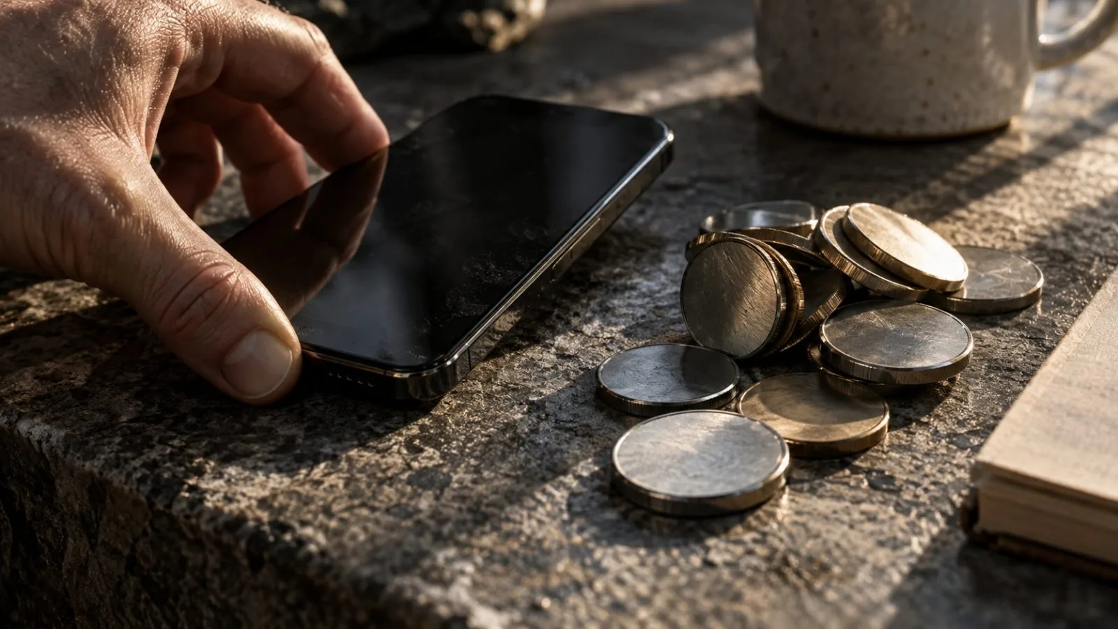 Metal tokens beside a phone on a stone counter / TokenPost.ai