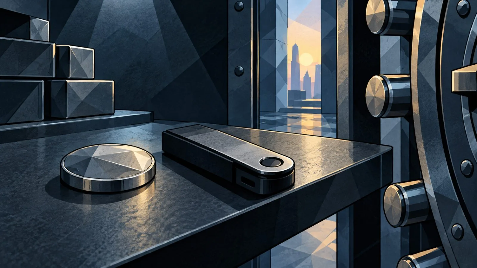 Faceted token beside a sealed exchange-traded product sleeve / TokenPost.ai