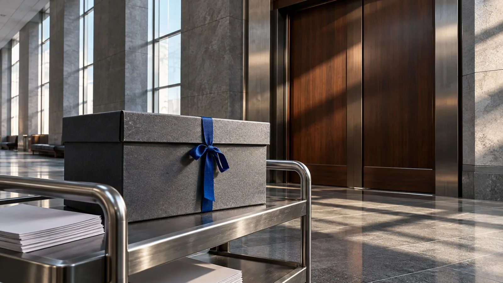 An unmarked case file box waits outside a closed courtroom / TokenPost.ai