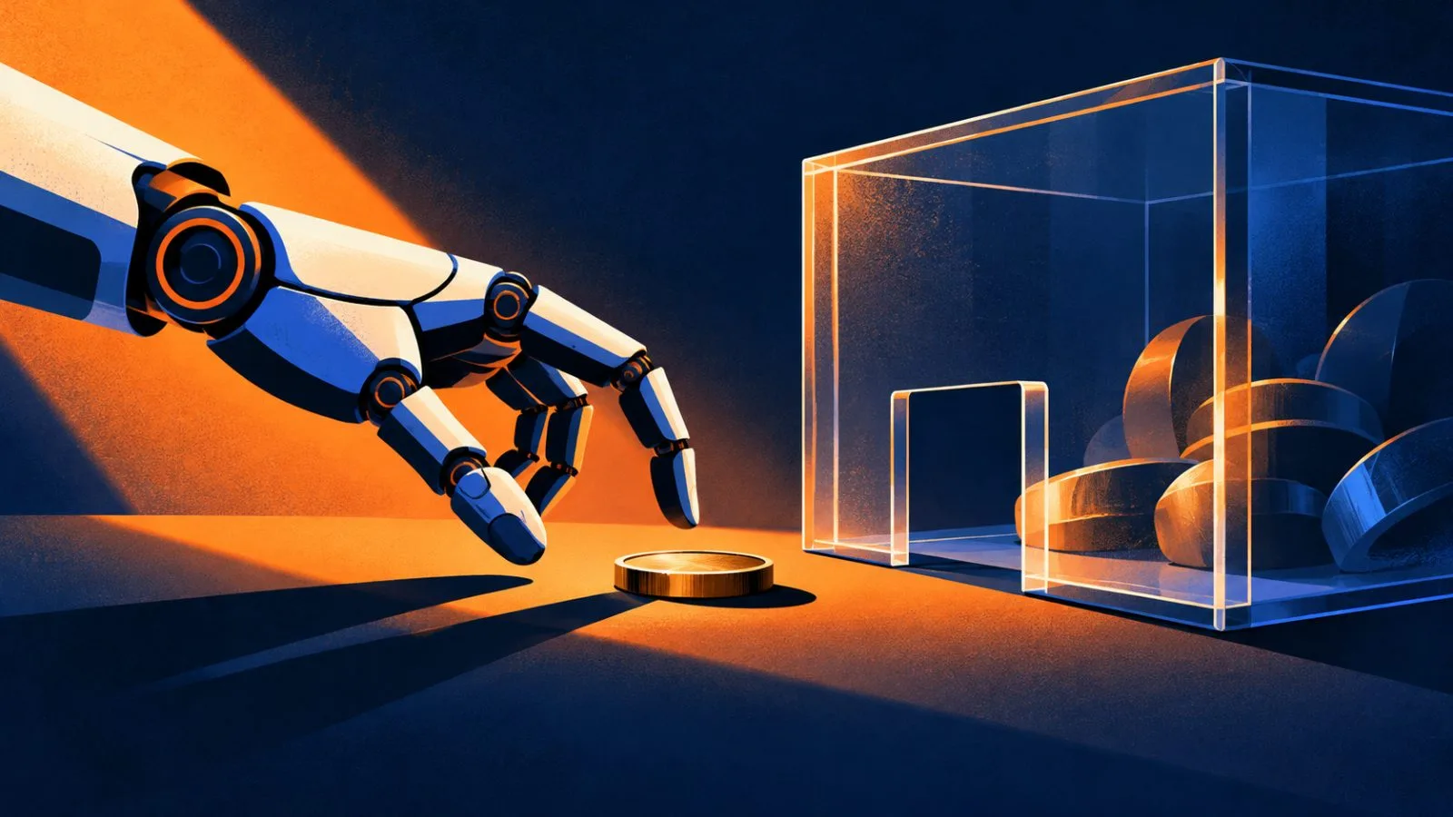 A mechanical hand reaches toward an unmarked coin beside a glass vault / TokenPost.ai