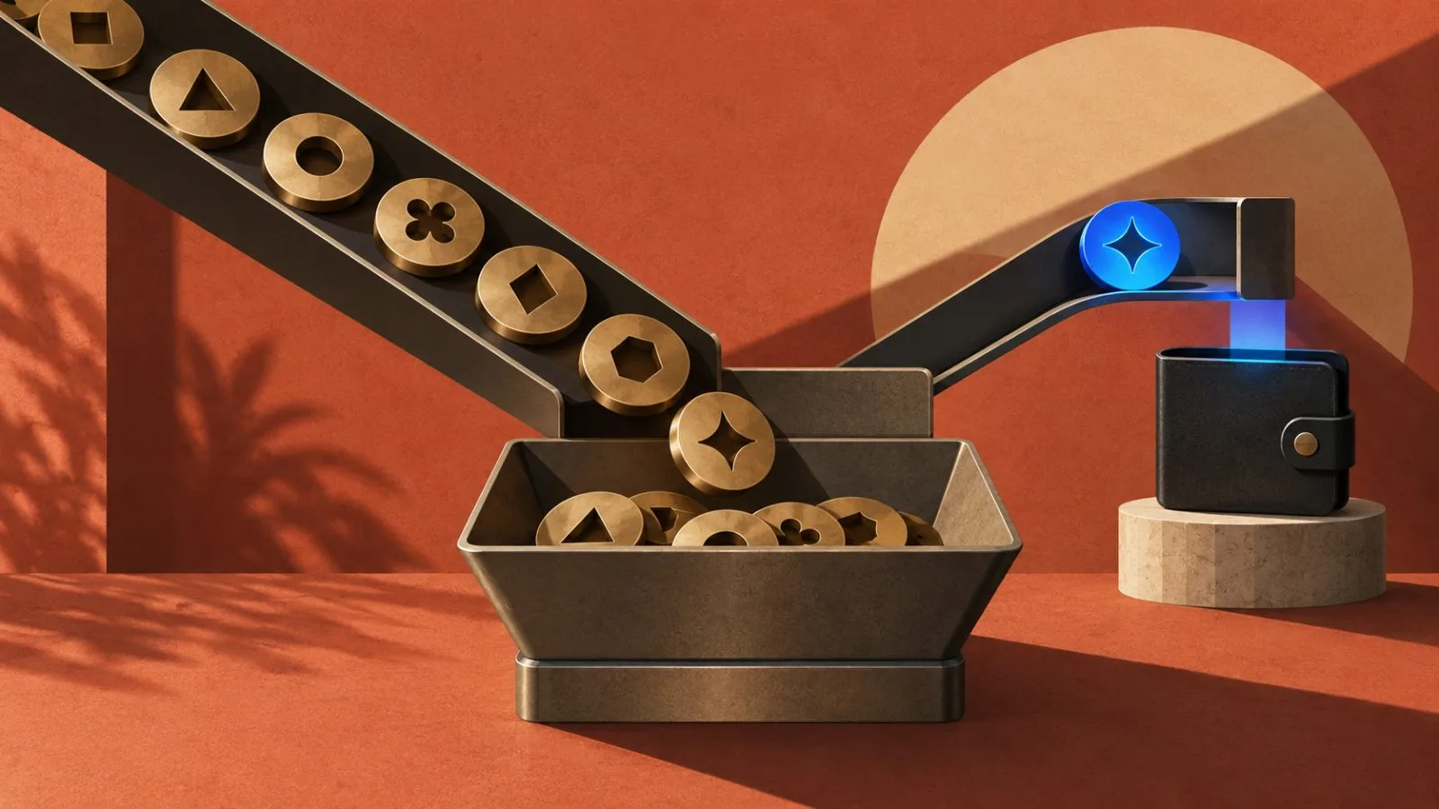 Metal token discs line up at a compact deposit tray / TokenPost.ai