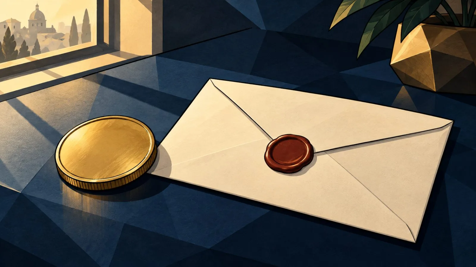Brass coin resting beside a sealed envelope in morning light / TokenPost.ai