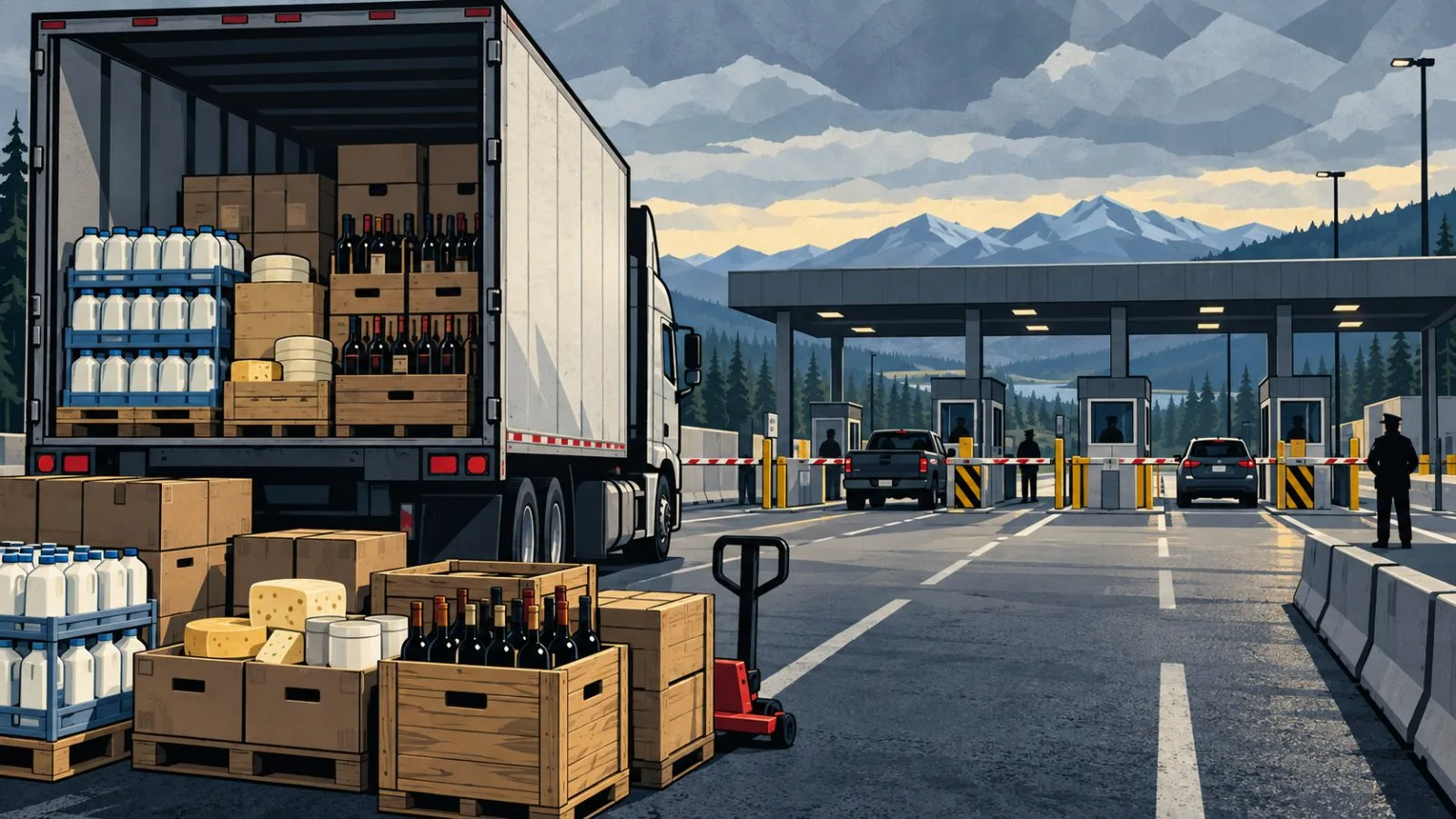 Cargo truck waiting beside crates at a border inspection area / TokenPost.ai