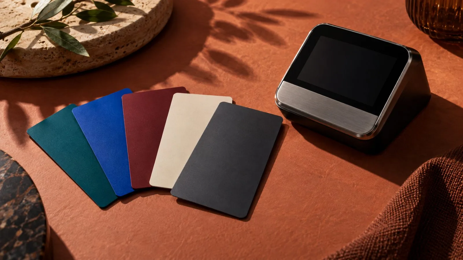 Five unmarked payment cards fan beside a compact card reader / TokenPost.ai