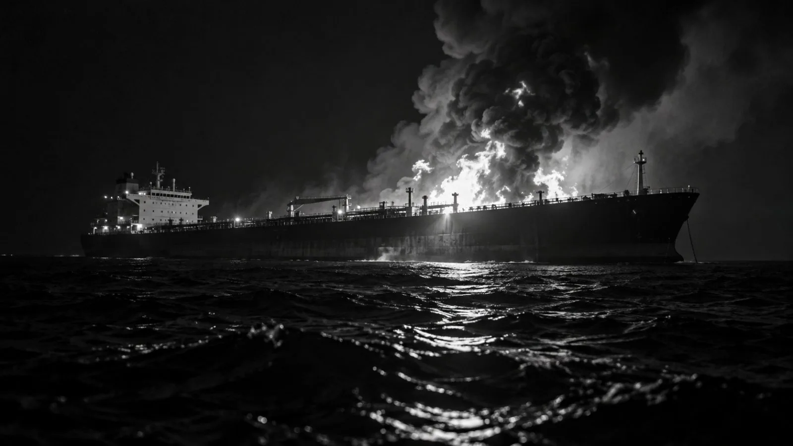 An oil tanker burns across dark water near the Strait of Hormuz / TokenPost.ai