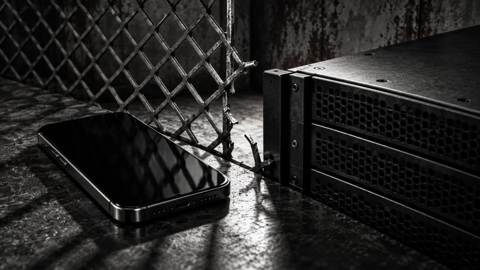 A smartphone and web server sit beside a broken metal grille / TokenPost.ai