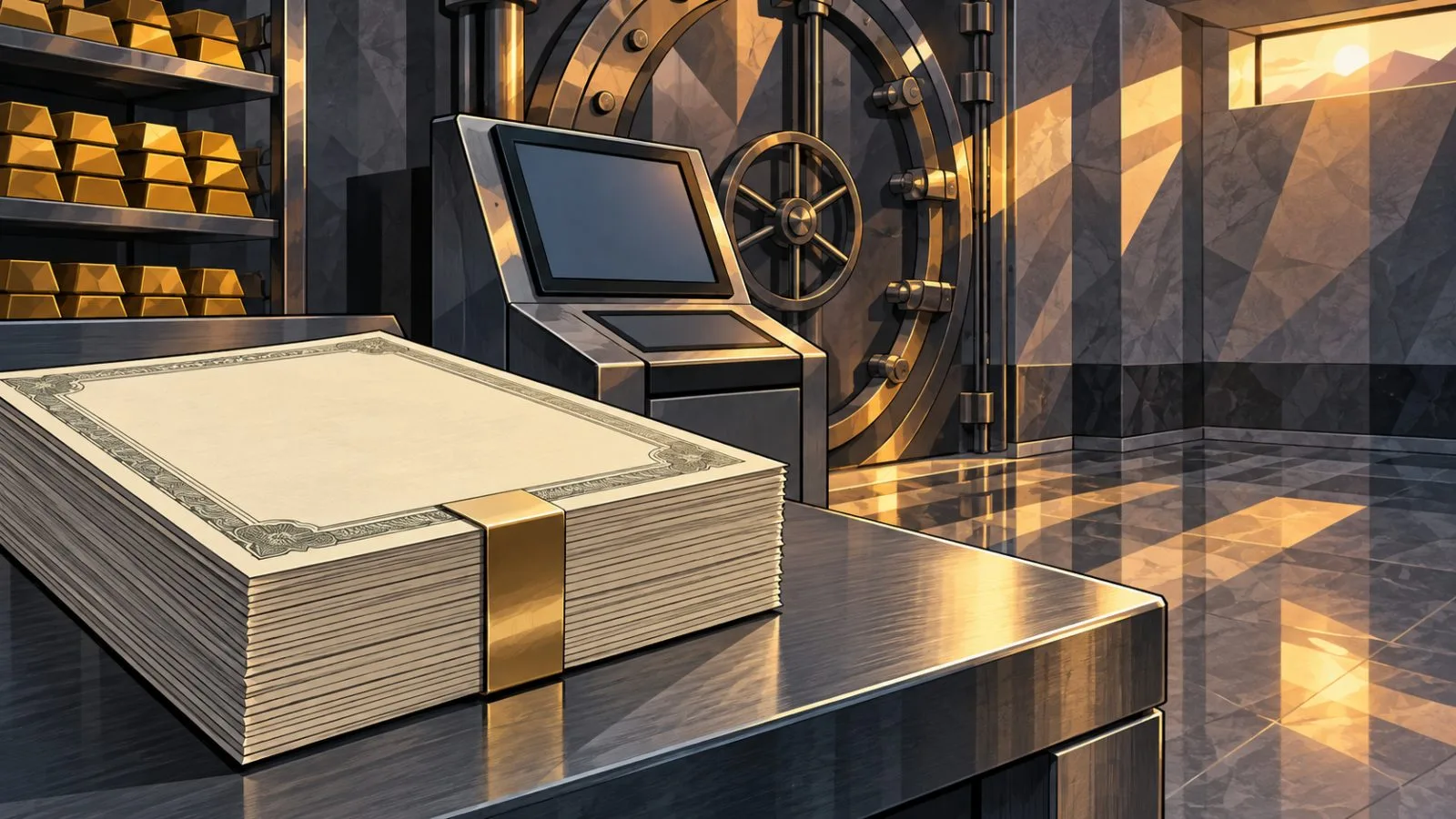 Sealed Treasury certificates displayed inside a secure glass vault / TokenPost.ai