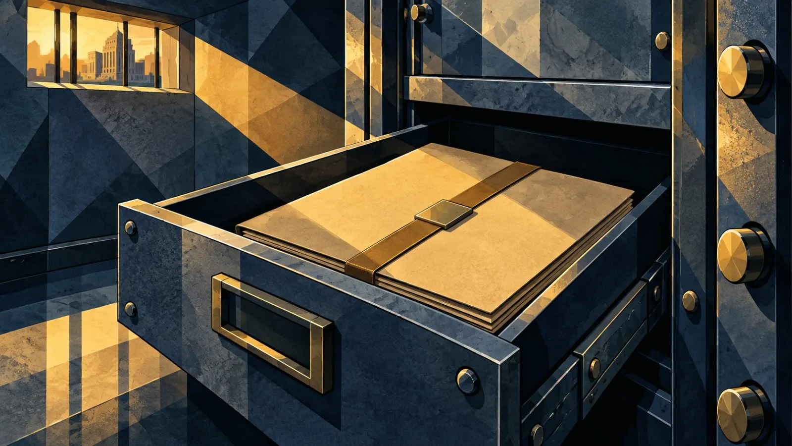 A sealed agreement folder secured inside a metal vault drawer / TokenPost.ai