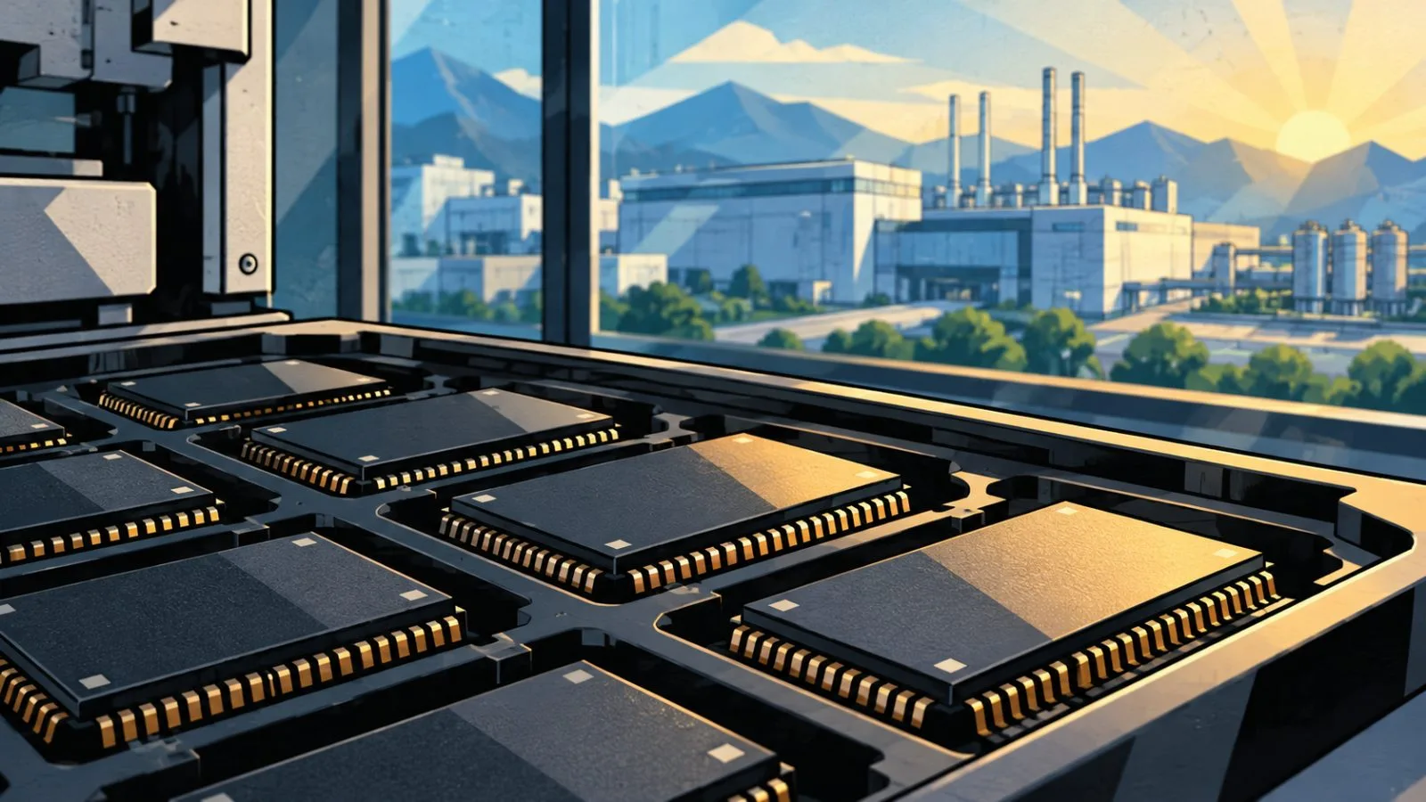 Semiconductor chips rest in a tray beside a softly lit factory window / TokenPost.ai