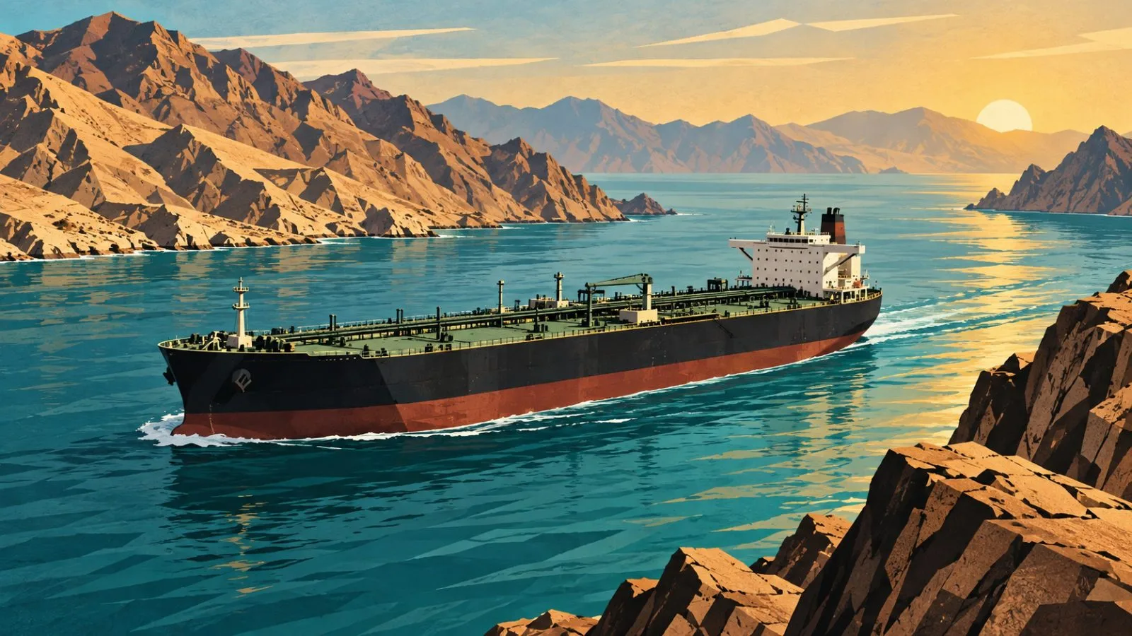 Crude oil tanker passing between rugged desert coastlines / TokenPost.ai