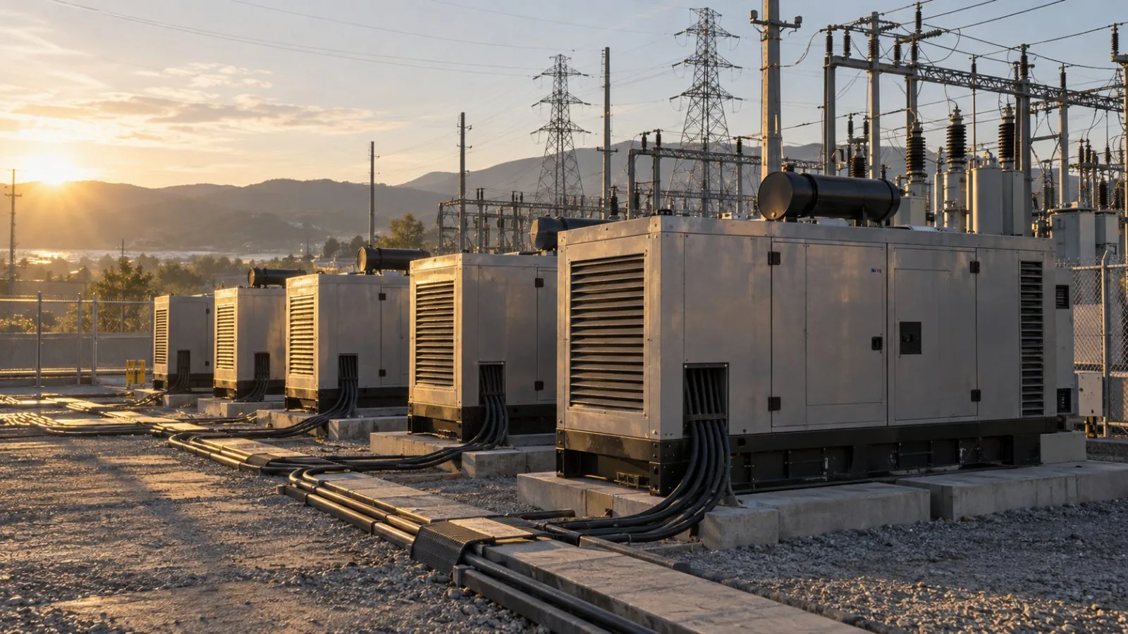Mobile generators positioned beside a utility substation at sunrise / TokenPost.ai