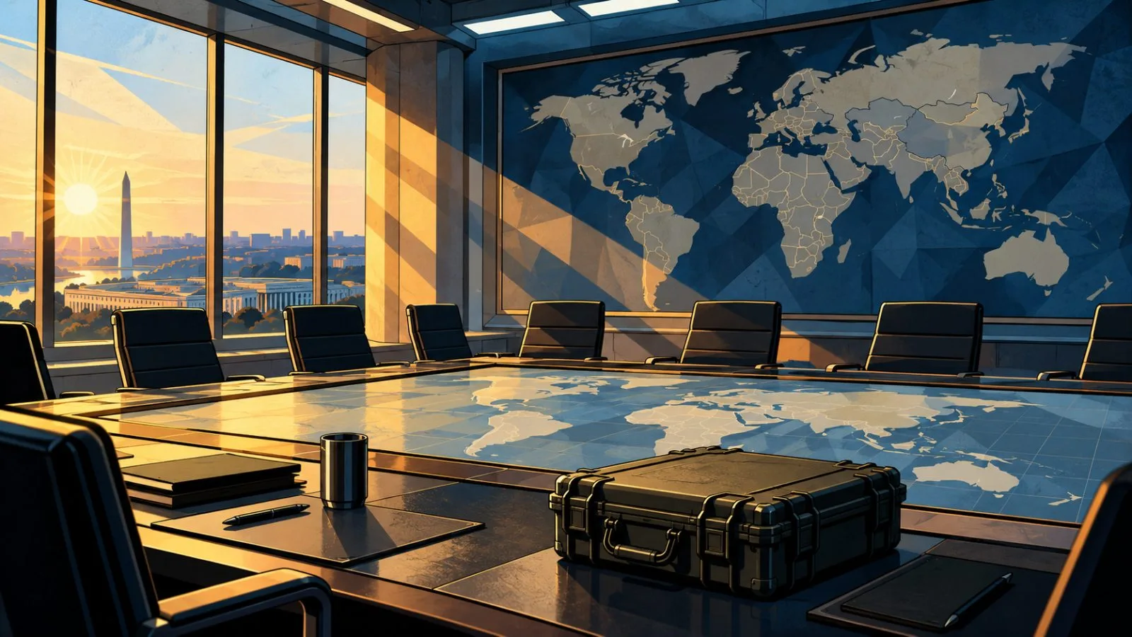 Empty Pentagon planning room with a wall map and equipment case / TokenPost.ai
