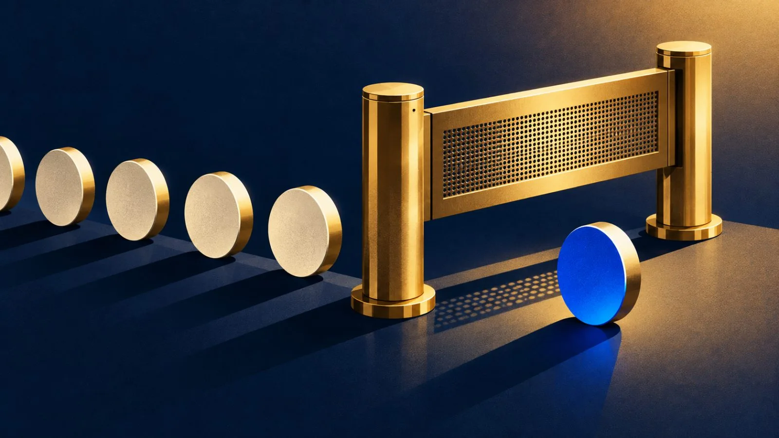 A brass checkpoint holds one unmarked metal token behind a gate / TokenPost.ai