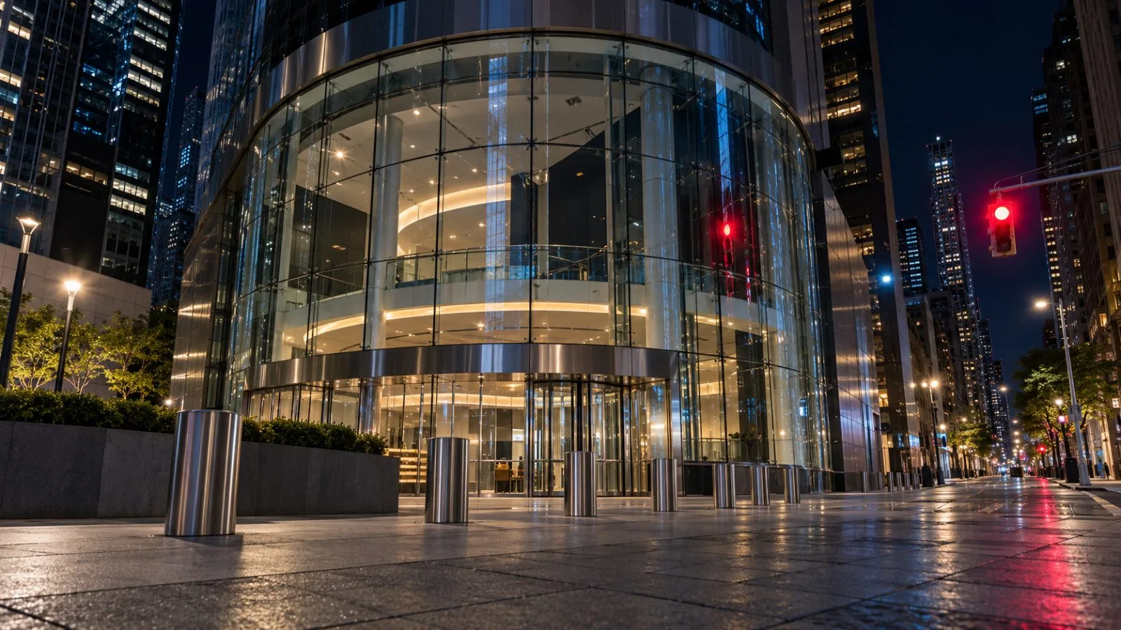 An empty exchange plaza reflects streetlights across glass walls / TokenPost.ai
