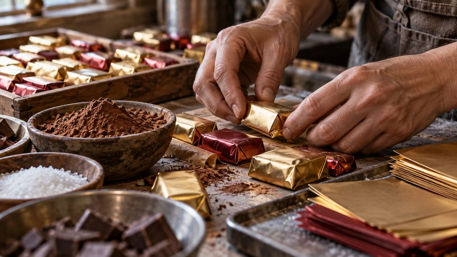 Unprinted holiday wrappers beside bowls of cocoa and sugar / TokenPost.ai