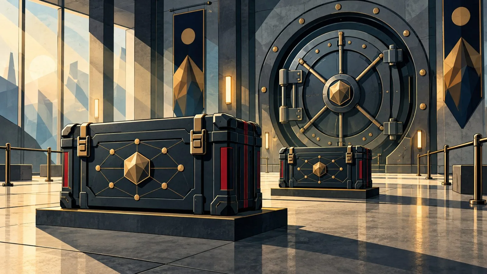Sealed asset cases rest inside a softly lit custody vault / TokenPost.ai