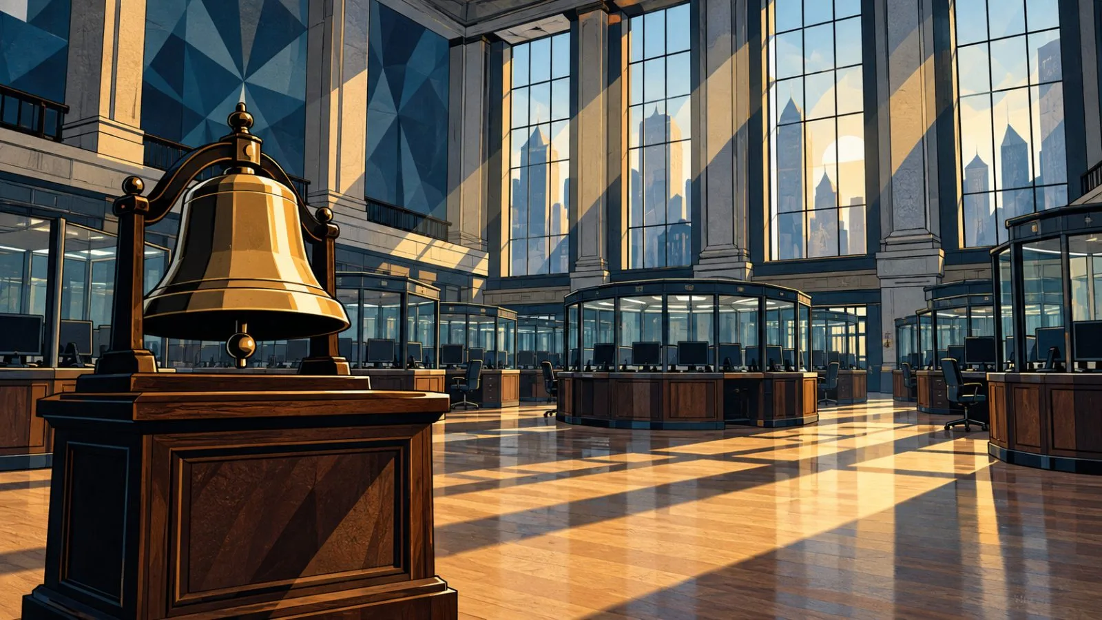 Empty exchange floor with a brass bell in morning light / TokenPost.ai