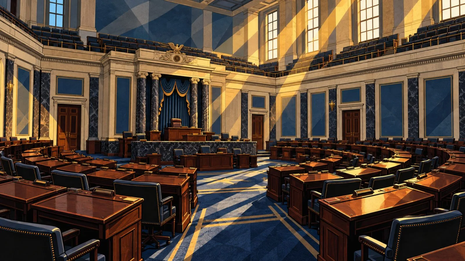 Empty Senate chamber with voting desks beneath afternoon window light / TokenPost.ai