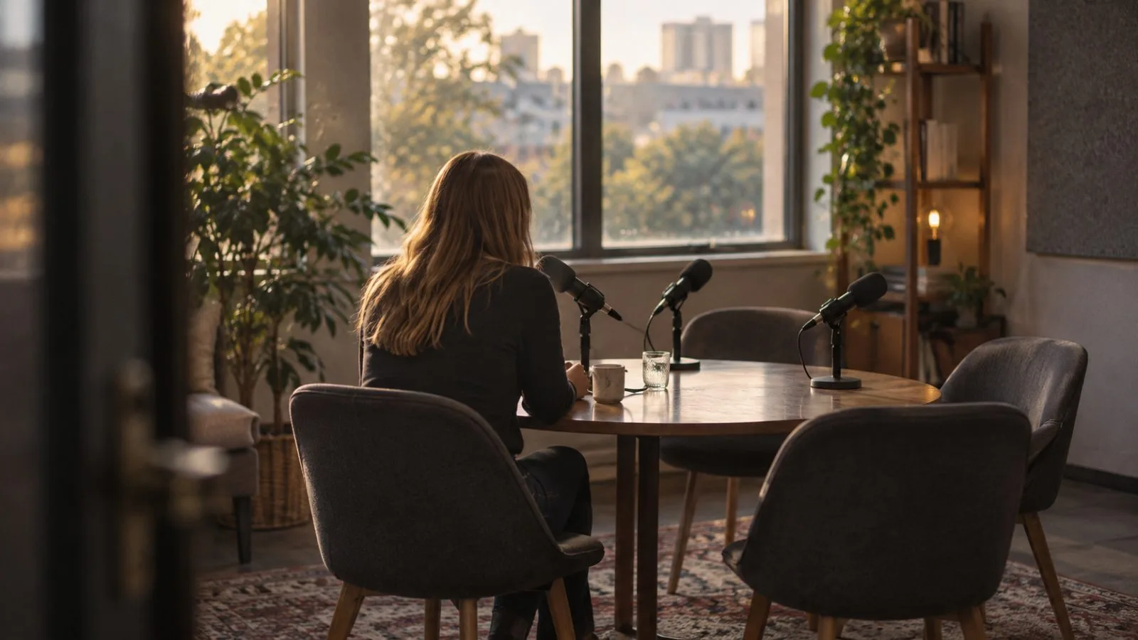 Anonymous speaker leaning toward a podcast microphone in a quiet studio / TokenPost.ai