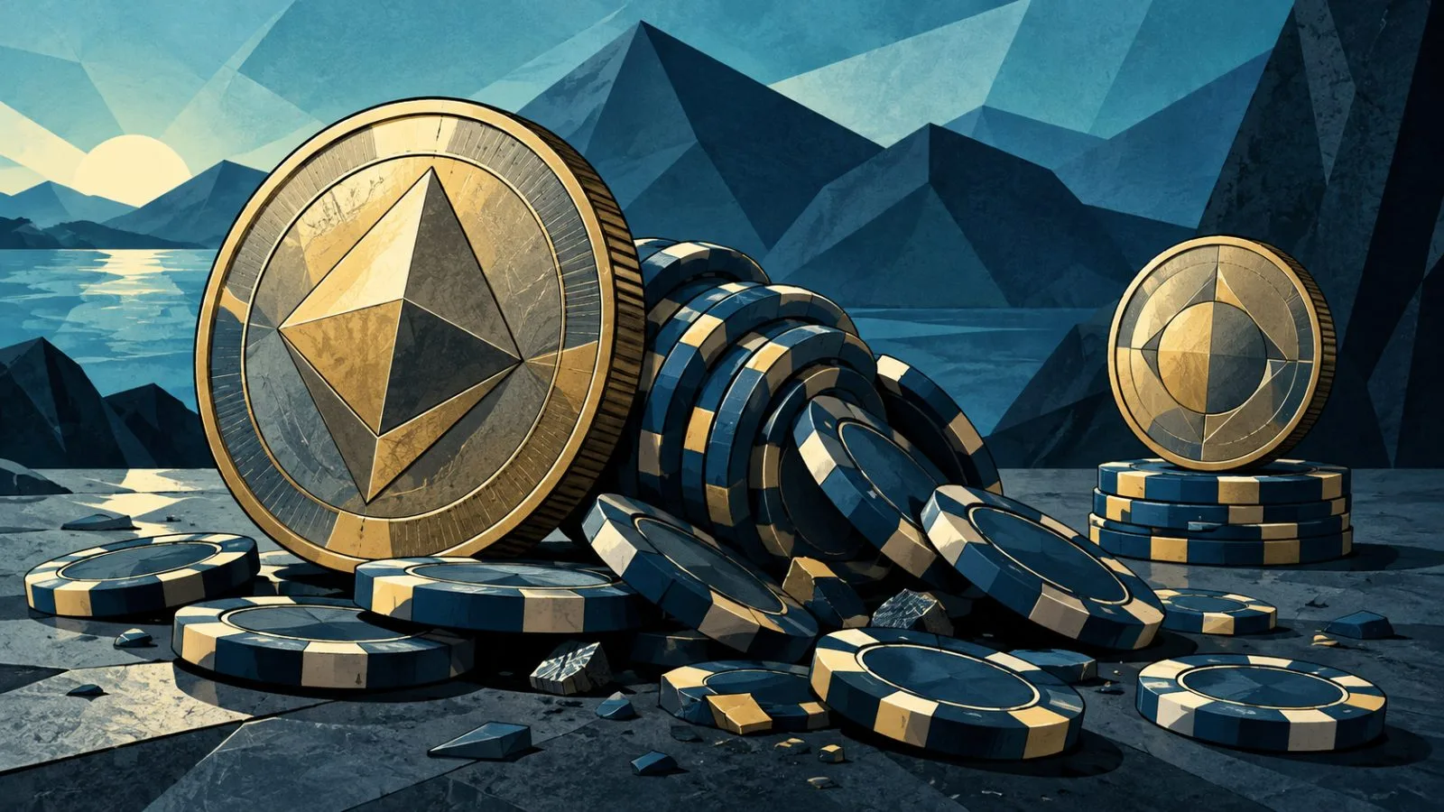Metallic tokens beside toppled trading chips in studio light / TokenPost.ai