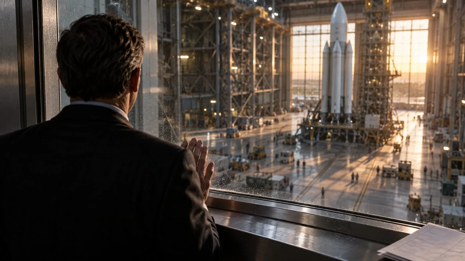 Anonymous figure viewing a lunar lander prototype inside a sunlit hangar / TokenPost.ai (macro)