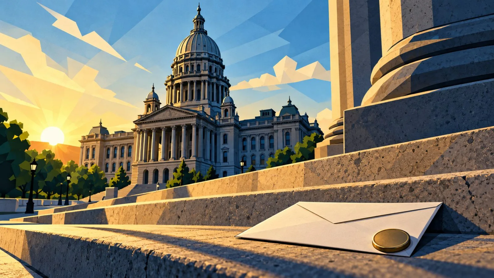Sunlight falls across the courthouse entrance and broad stone steps / TokenPost.ai