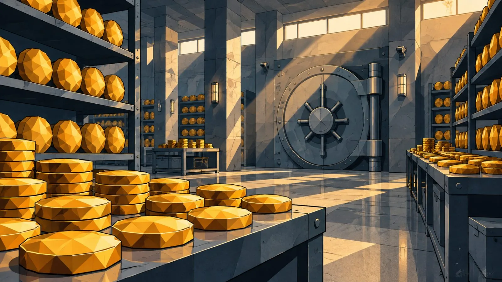 Faceted amber tokens arranged beside a silver staking validator / TokenPost.ai