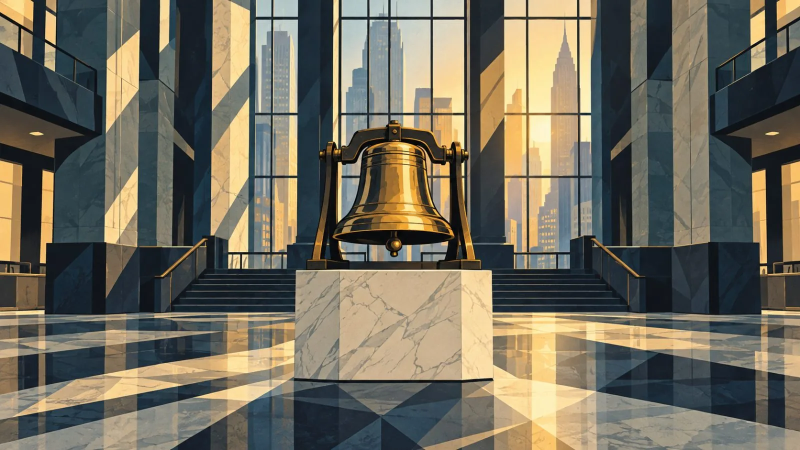 Brass exchange bell displayed inside a quiet marble atrium / TokenPost.ai