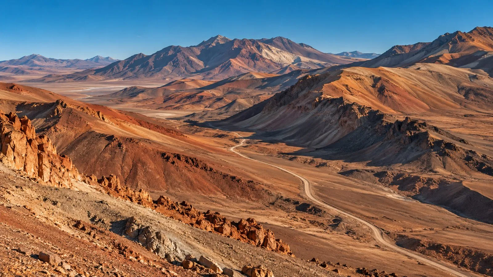 Mineral-streaked ridges rise above an access track in Atacama / TokenPost.ai