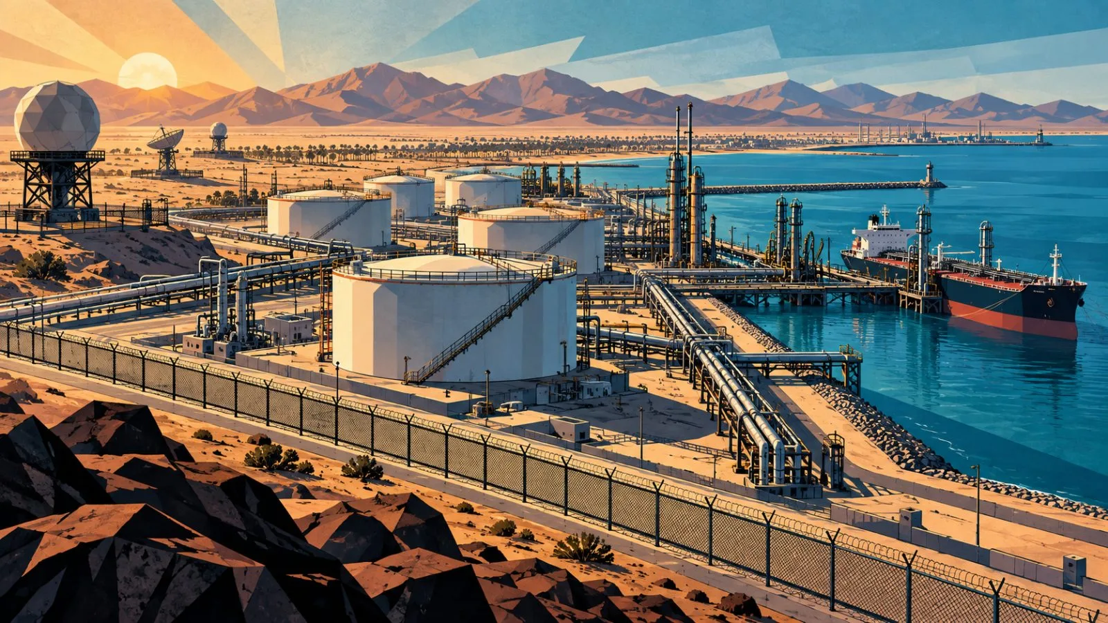 Radar equipment stands near an oil-export facility at sunrise / TokenPost.ai