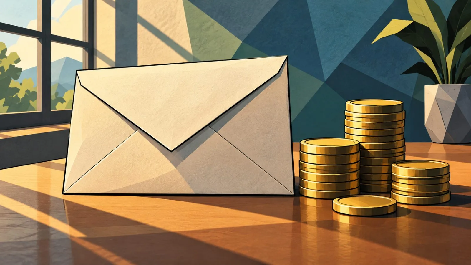 Sealed envelope beside neatly stacked coins on a studio surface / TokenPost.ai