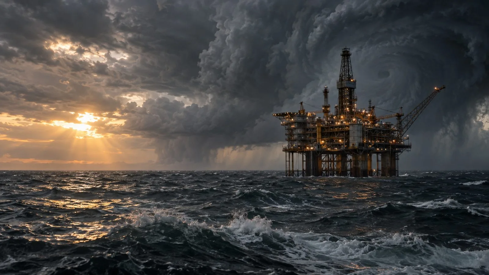 Offshore oil platform beneath dark hurricane clouds and rough seas / TokenPost.ai