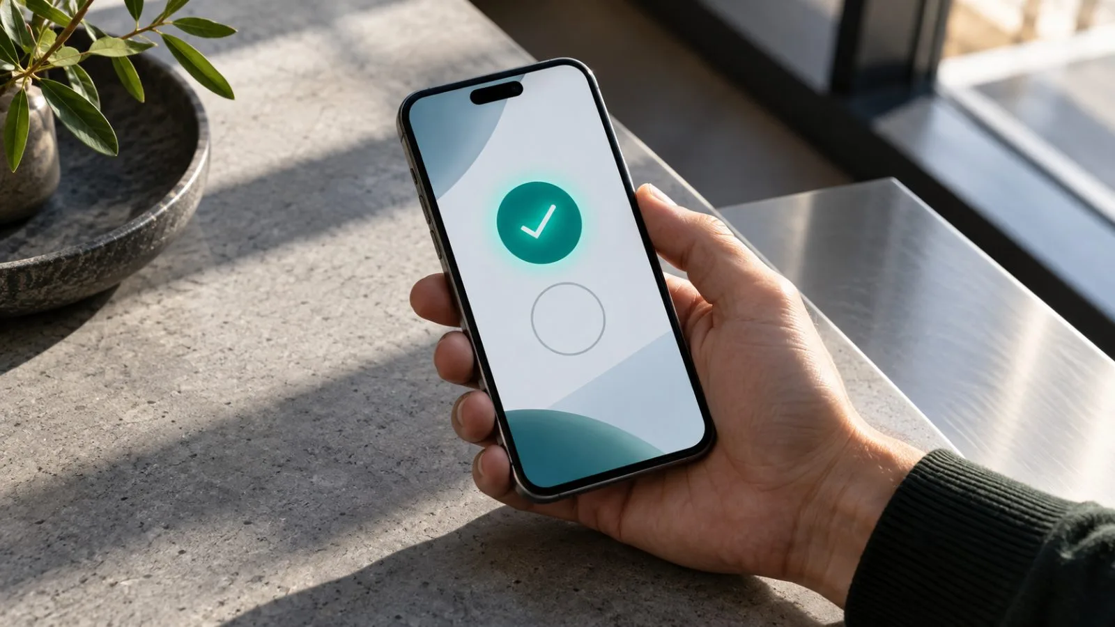 A hand holds a phone showing a completed transfer checkmark / TokenPost.ai