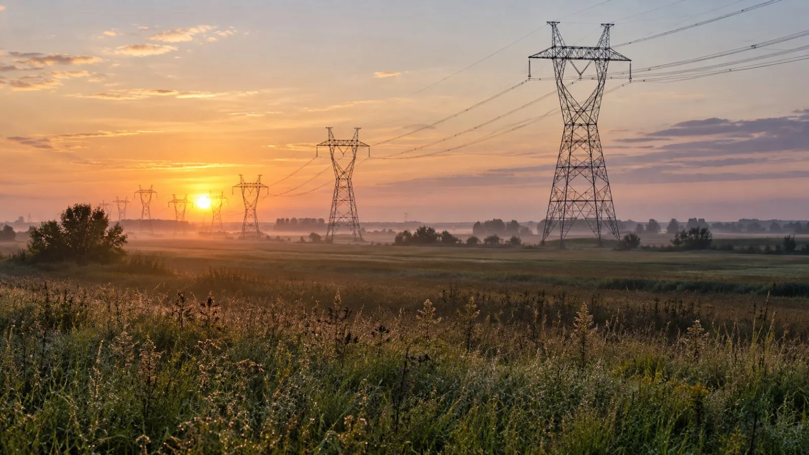 Transmission towers cross a quiet Canadian field at sunrise / TokenPost.ai