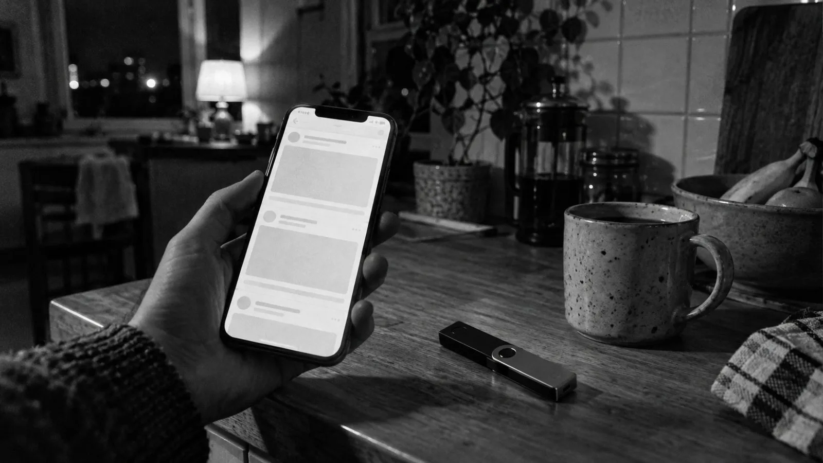 Smartphone beside a hardware wallet under mixed nighttime lighting / TokenPost.ai