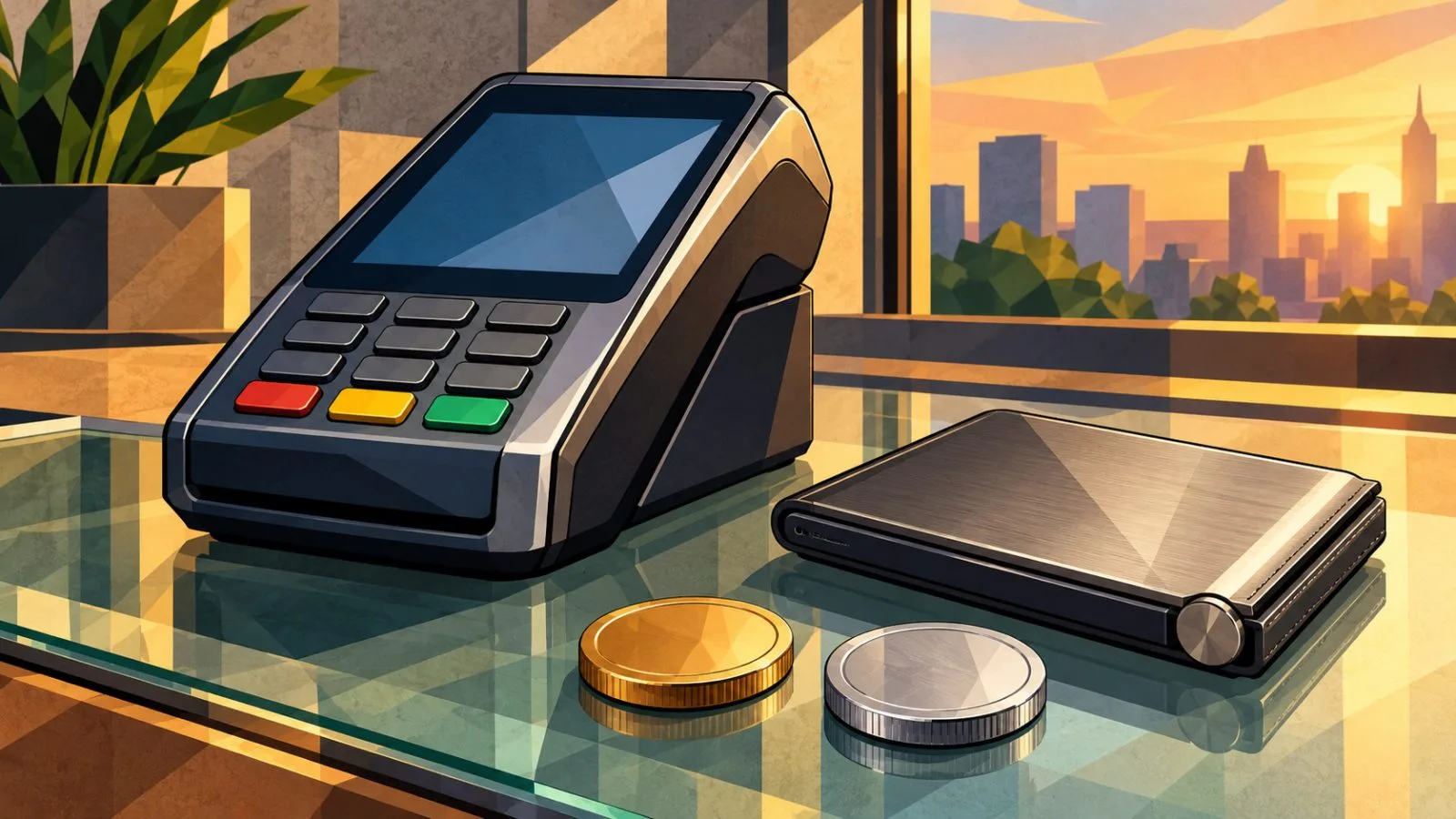 Payment terminal beside wallet hardware and unmarked currency tokens / TokenPost.ai