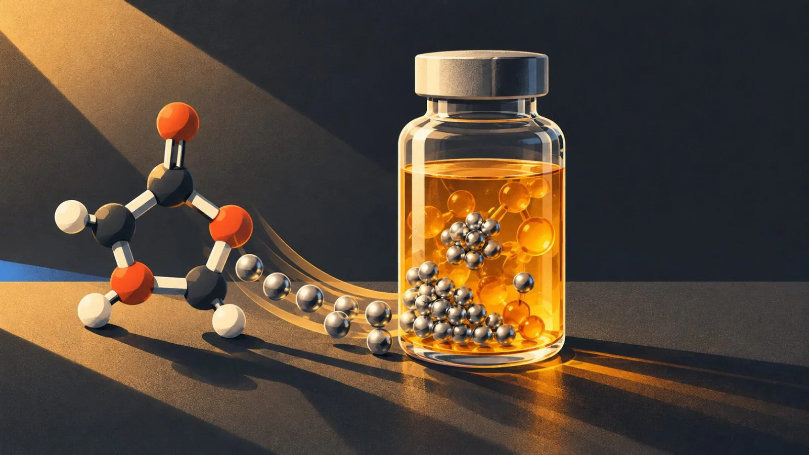 Silver spheres cluster beside a vial of amber electrolyte / TokenPost.ai