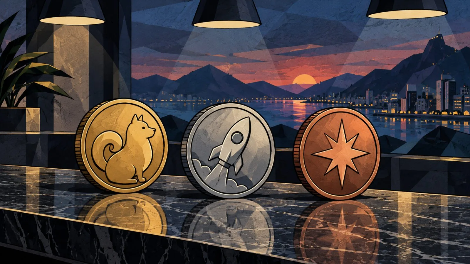 Three stylized meme coins arranged on a reflective market counter / TokenPost.ai