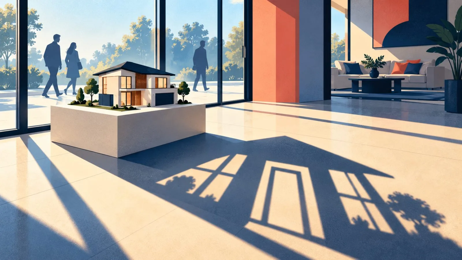 A miniature home stands beside a glass entry as visitors pass / TokenPost.ai